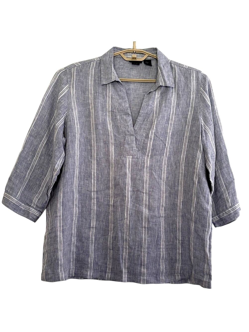 Tahari Popover Blouse Top Blue white stripe 100% Linen Large 3/4 sleeve coastal